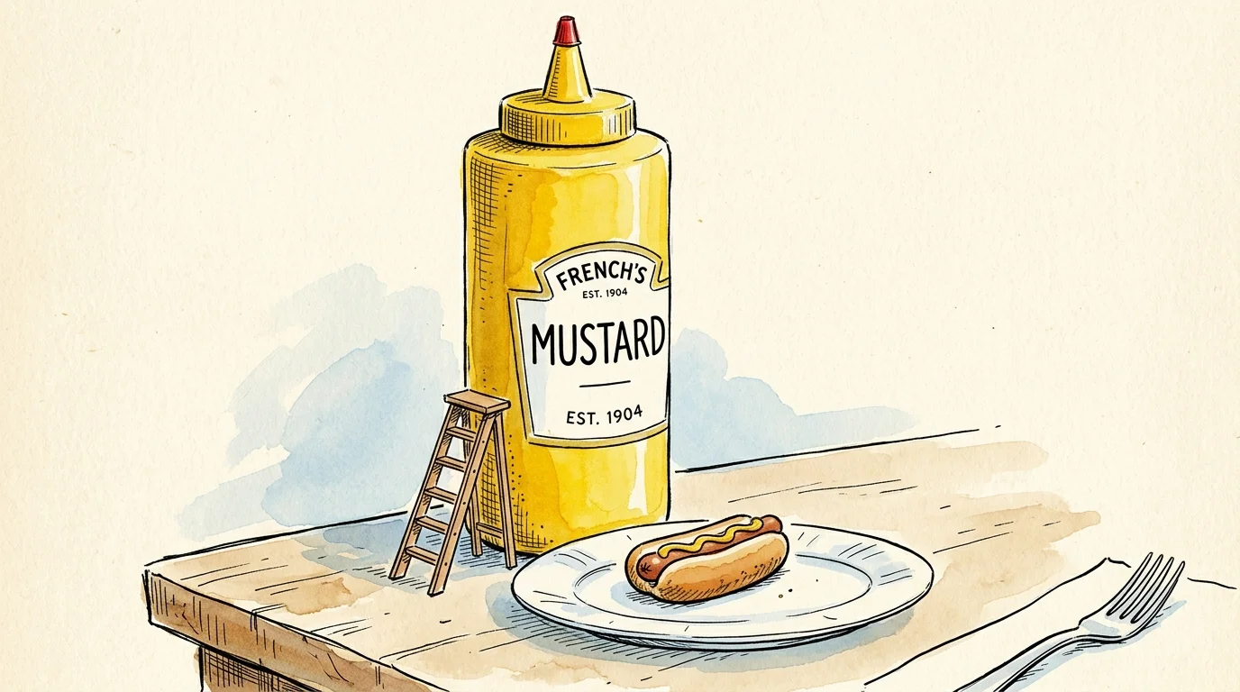 A whimsical cartoon of an enormous mustard bottle towering over a single tiny hot dog, with a small ladder leaning against the bottle.