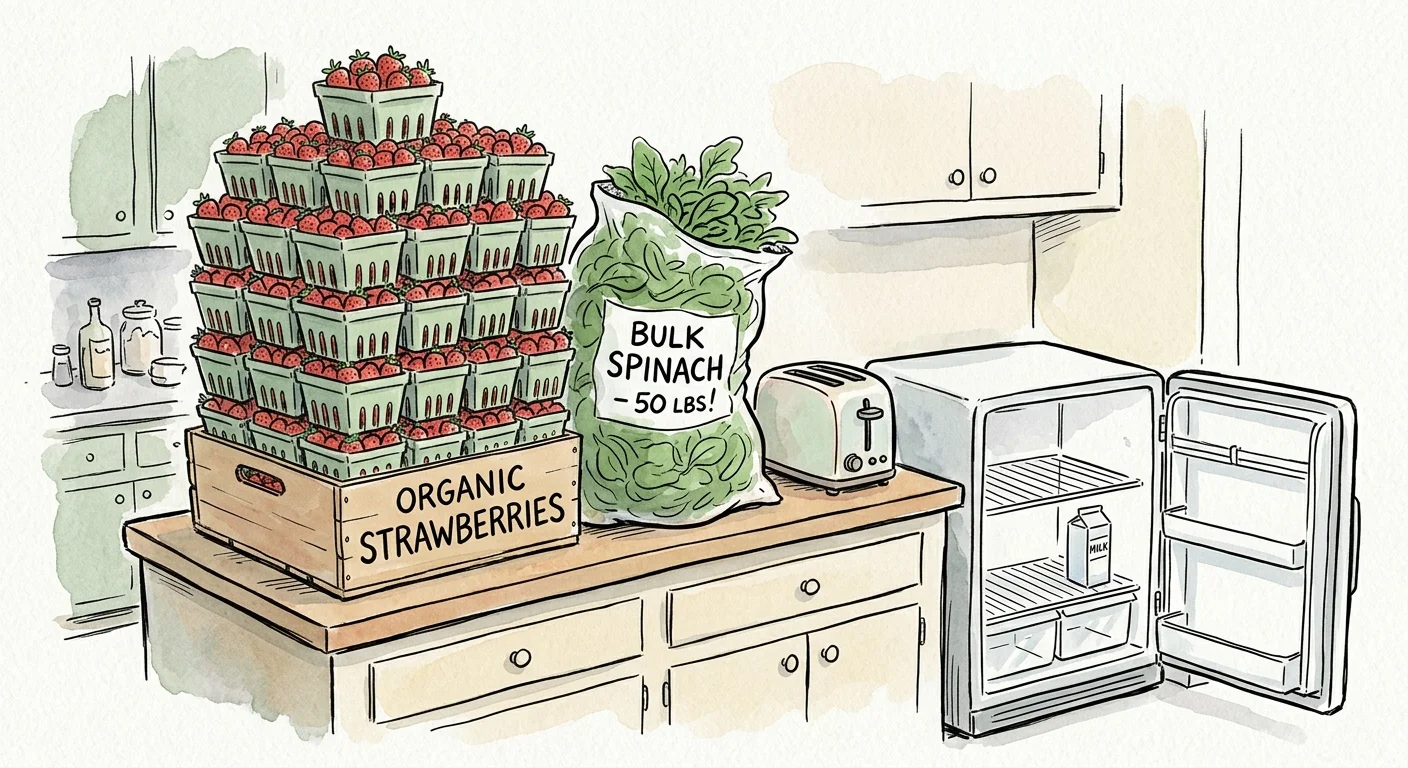 A whimsical ink and watercolor drawing of giant bulk groceries towering over a small domestic kitchen counter.