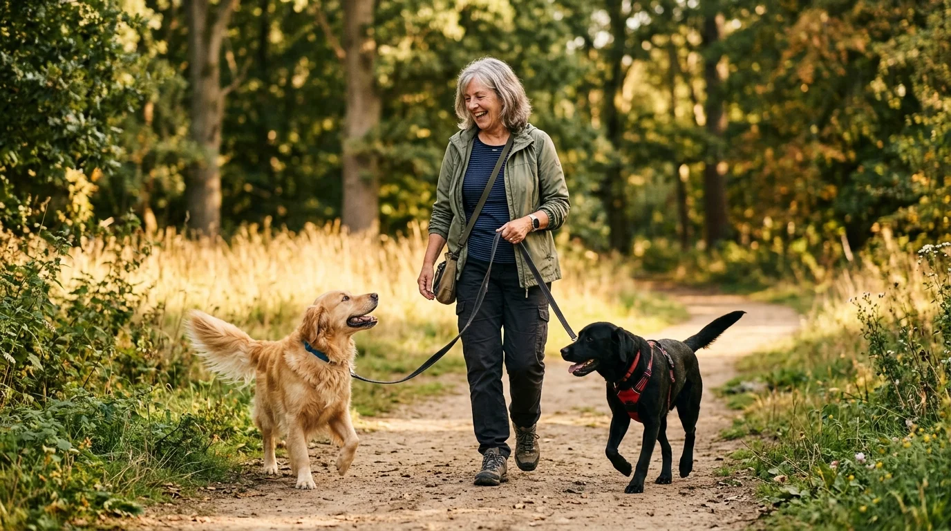 Action photograph of a smiling retiree walking a golden retriever and a black lab on a sunny park trail.