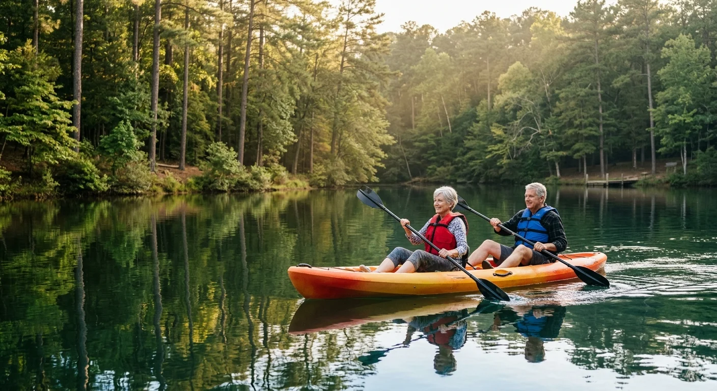 An active retired couple paddling a kayak on a serene, tree-lined lake surrounded by dense green forest in the afternoon sun.