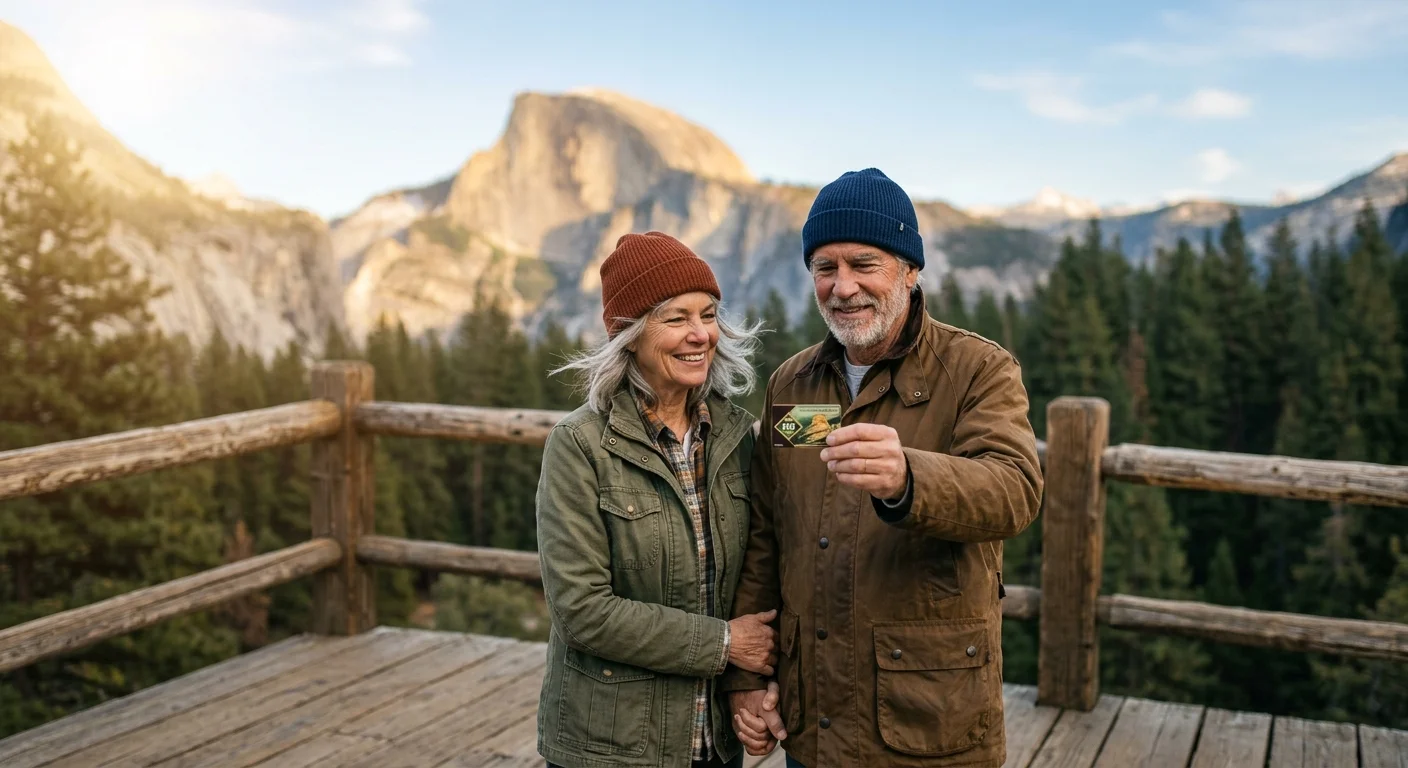 An active senior couple stands at a national park scenic overlook, holding a green and gold lifetime senior pass card in the golden afternoo