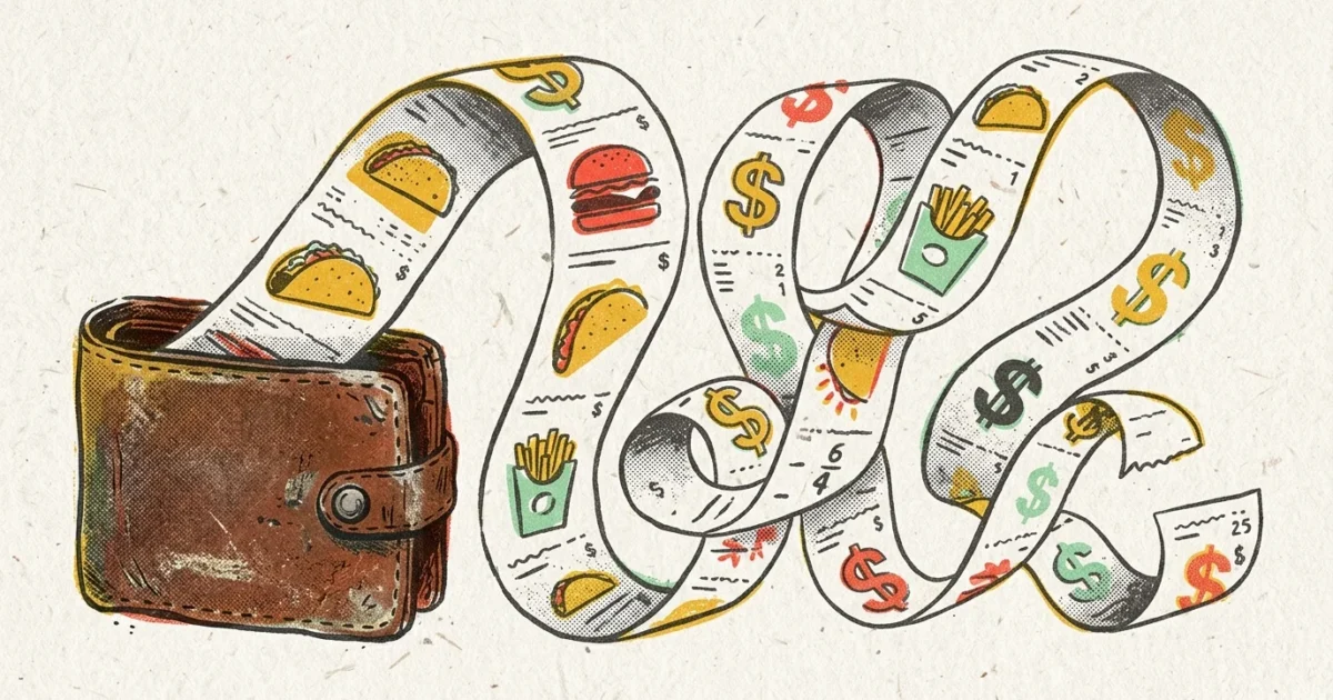 An artistic risograph illustration of a vintage wallet with a long paper receipt looping out, printed with abstract fast-food icons.