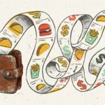 An artistic risograph illustration of a vintage wallet with a long paper receipt looping out, printed with abstract fast-food icons.