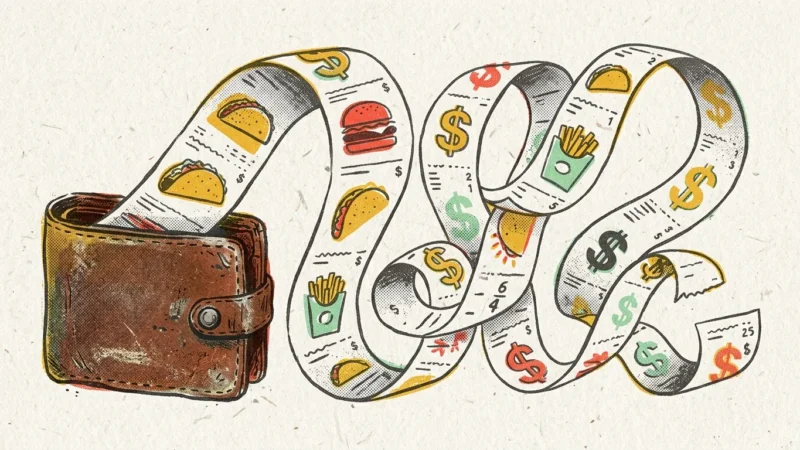 An artistic risograph illustration of a vintage wallet with a long paper receipt looping out, printed with abstract fast-food icons.