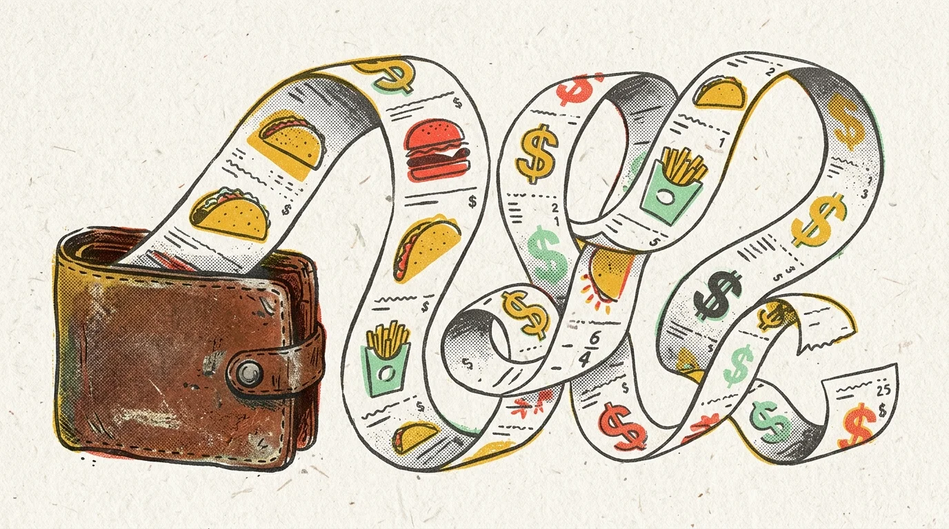An artistic risograph illustration of a vintage wallet with a long paper receipt looping out, printed with abstract fast-food icons.