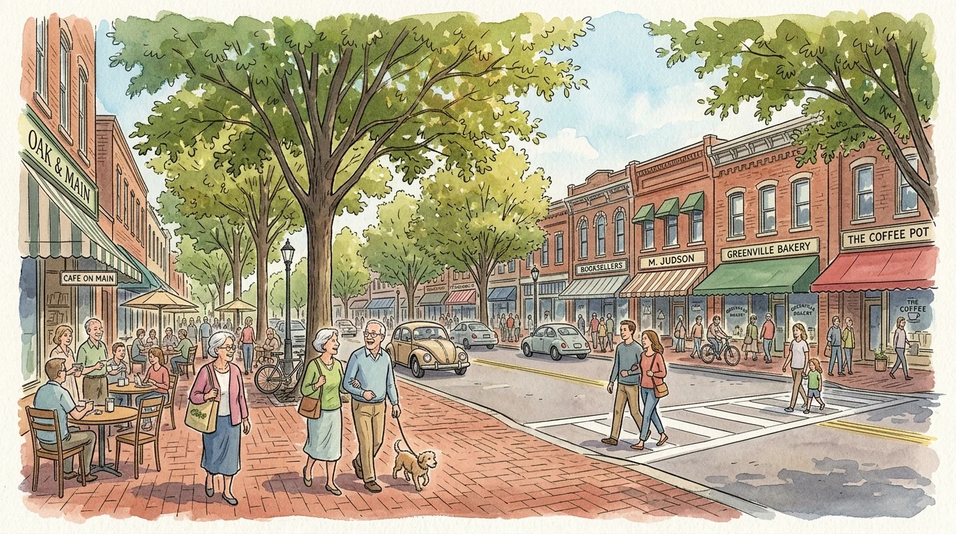 An artistic watercolor illustration of Greenville's tree-lined Main Street, featuring wide brick sidewalks and active pedestrians.
