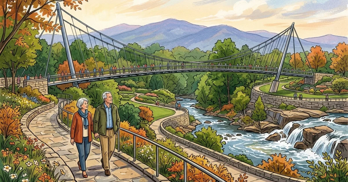 An editorial gouache illustration of Greenville's Liberty Bridge over Reedy River, with a retiree couple walking along the pathway.