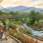 An editorial gouache illustration of Greenville's Liberty Bridge over Reedy River, with a retiree couple walking along the pathway.