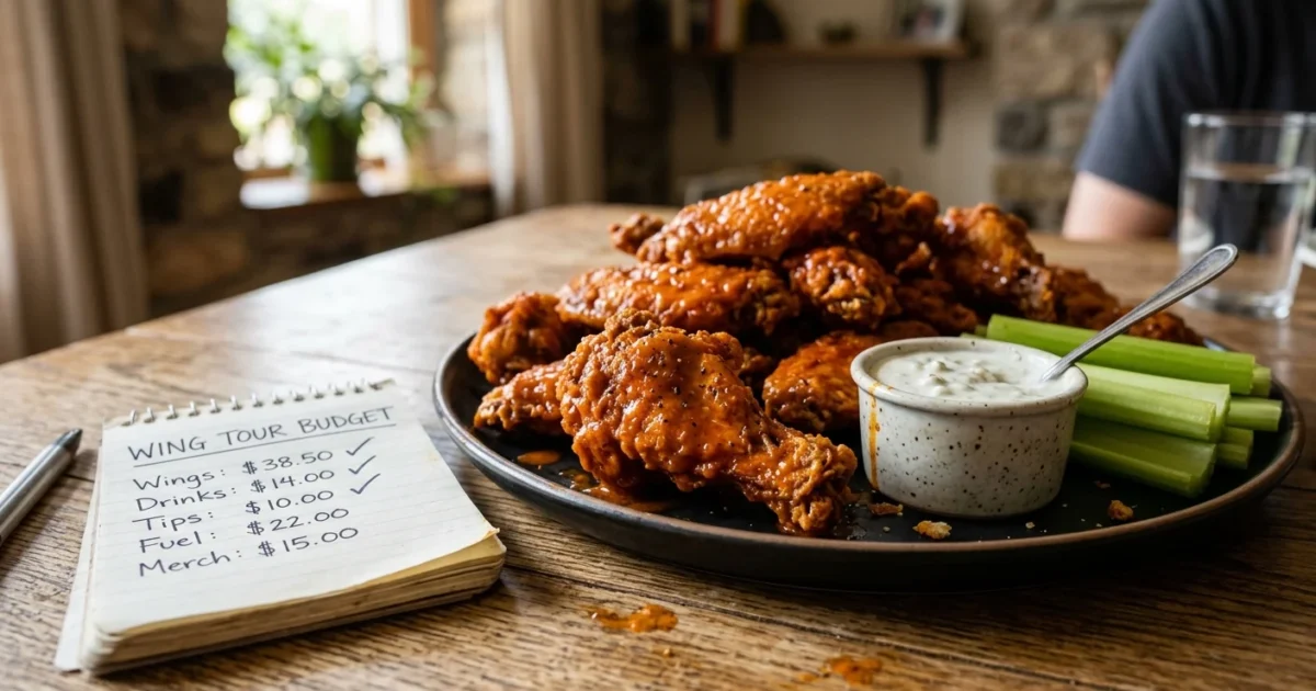 An editorial photo of a platter of crispy buffalo wings next to a handwritten budget notebook on a rustic wooden table.
