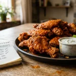 An editorial photo of a platter of crispy buffalo wings next to a handwritten budget notebook on a rustic wooden table.