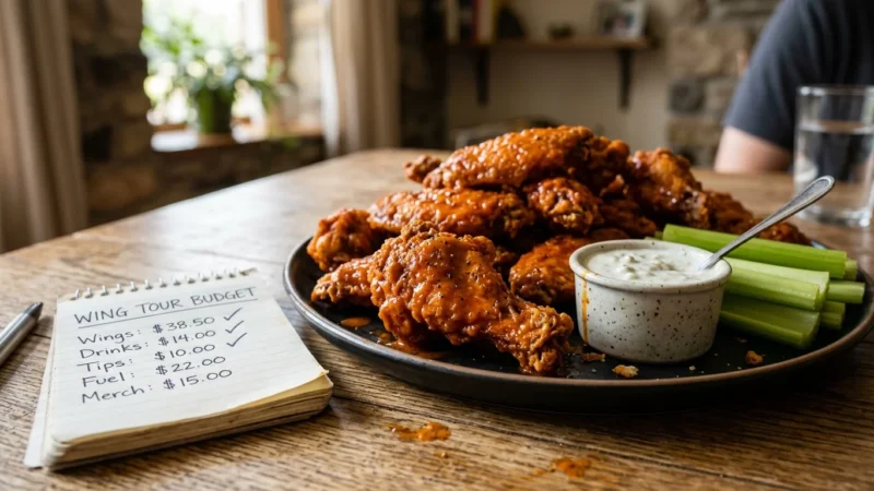 An editorial photo of a platter of crispy buffalo wings next to a handwritten budget notebook on a rustic wooden table.