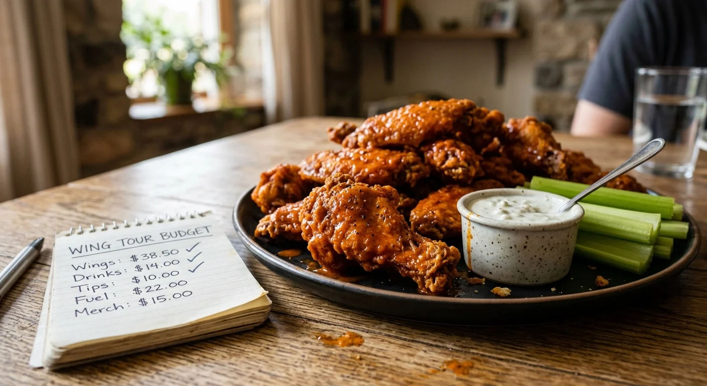 An editorial photo of a platter of crispy buffalo wings next to a handwritten budget notebook on a rustic wooden table.