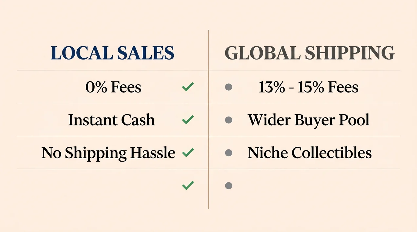 An editorial side-by-side comparison diagram detailing the financial trade-offs between local cash sales and global shipping platforms.