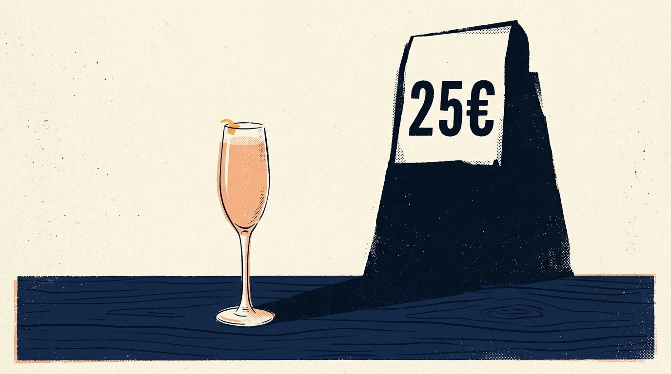 An elegant screenprint illustration of a peach Bellini next to a giant looming shadow of a twenty-five euro receipt.
