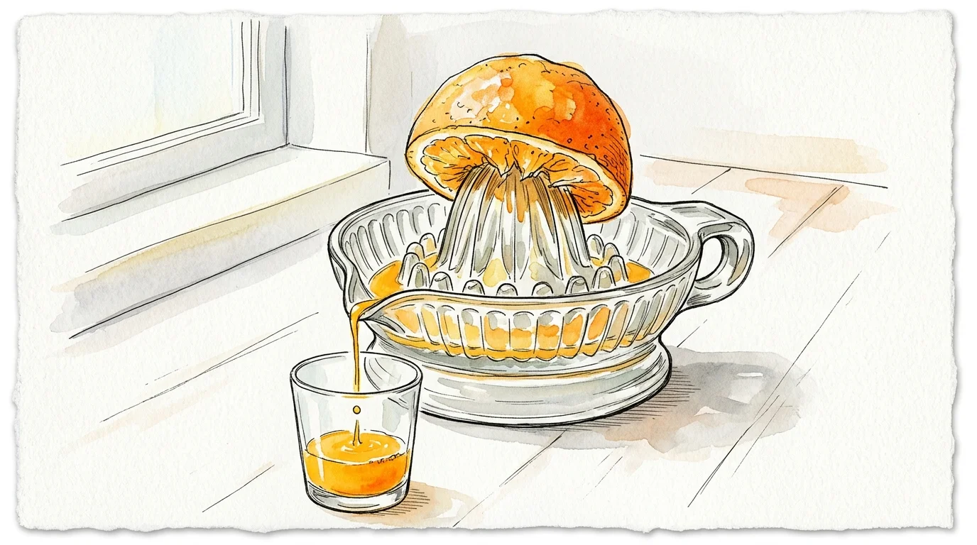 An elegant watercolor sketch of a squeezed orange on a glass juicer, dripping a tiny amount of juice into a mostly empty glass.