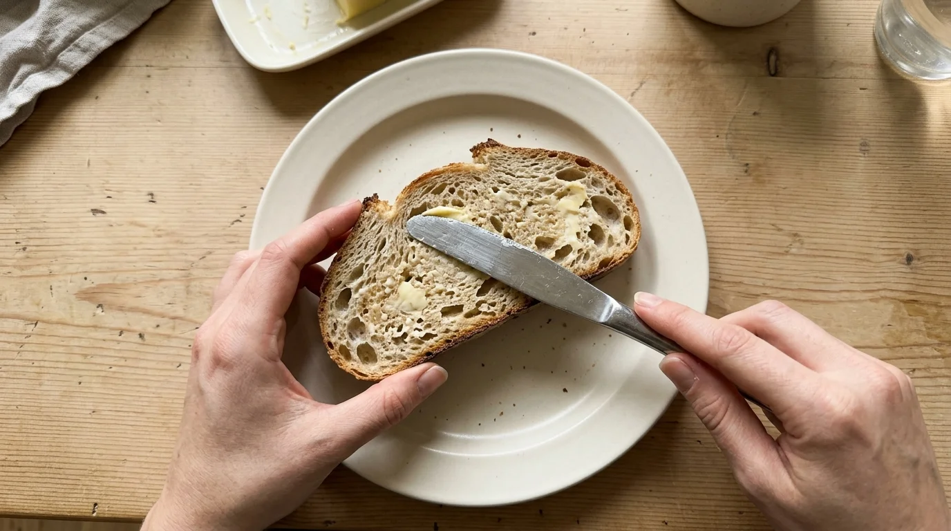 An everyday photograph of a hand using a knife to spread a very thin, sparse layer of butter on a slice of sourdough bread.