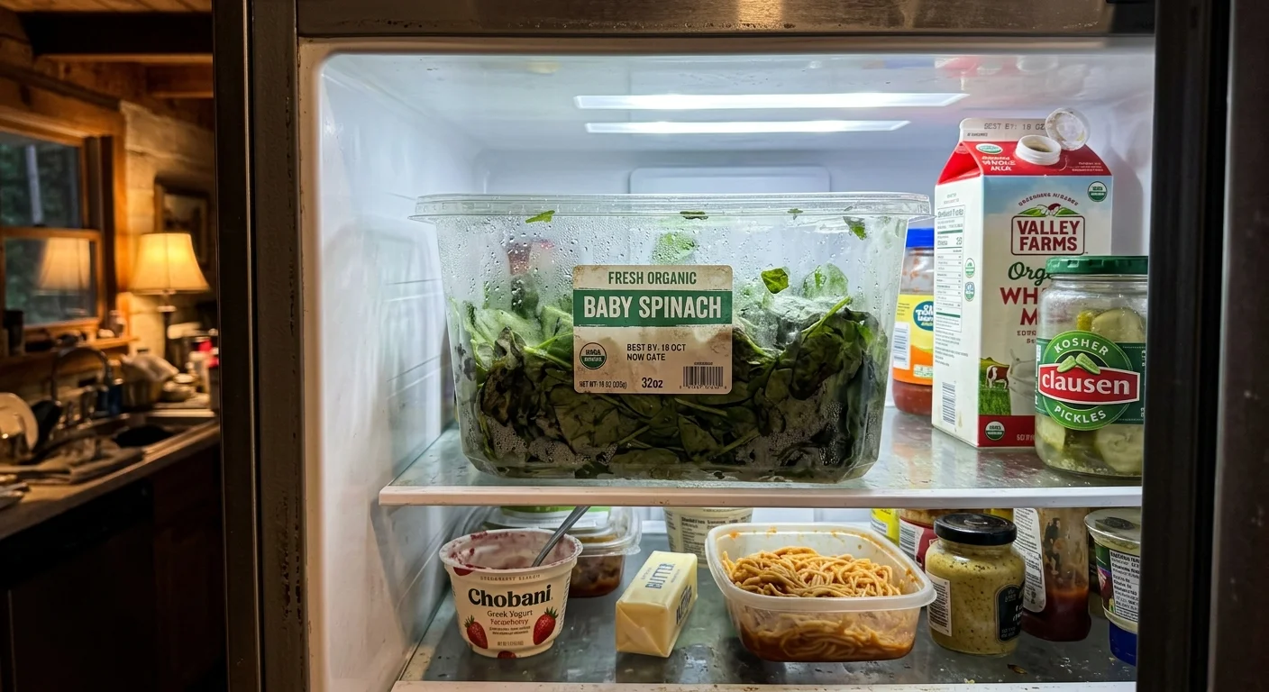 An honest, wide-angle shot inside a refrigerator showing a giant, wilted tub of bulk spinach forgotten on a shelf.