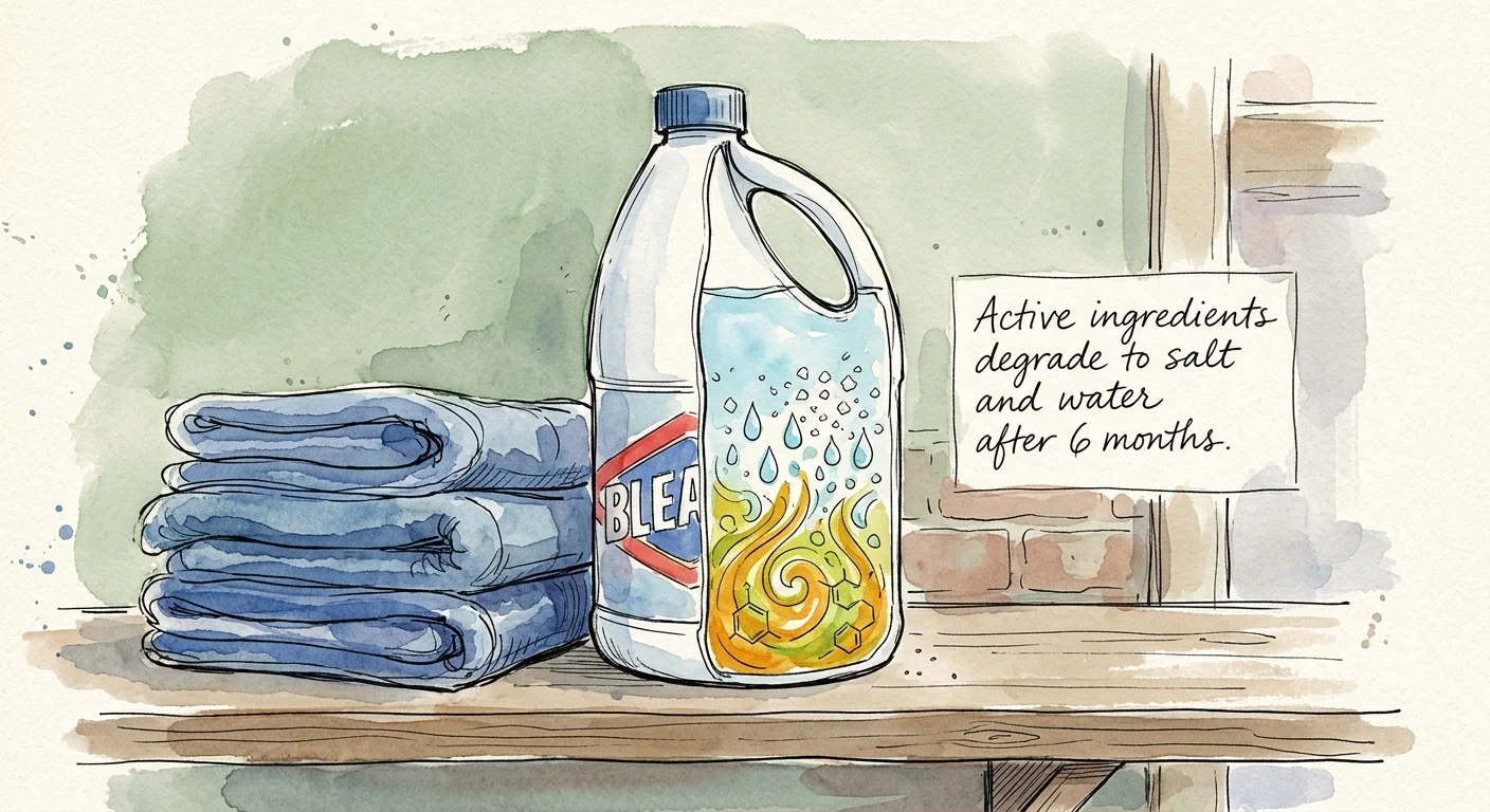 An illustration of a bleach bottle showing the active ingredients chemically degrading into simple salt and water over six months.