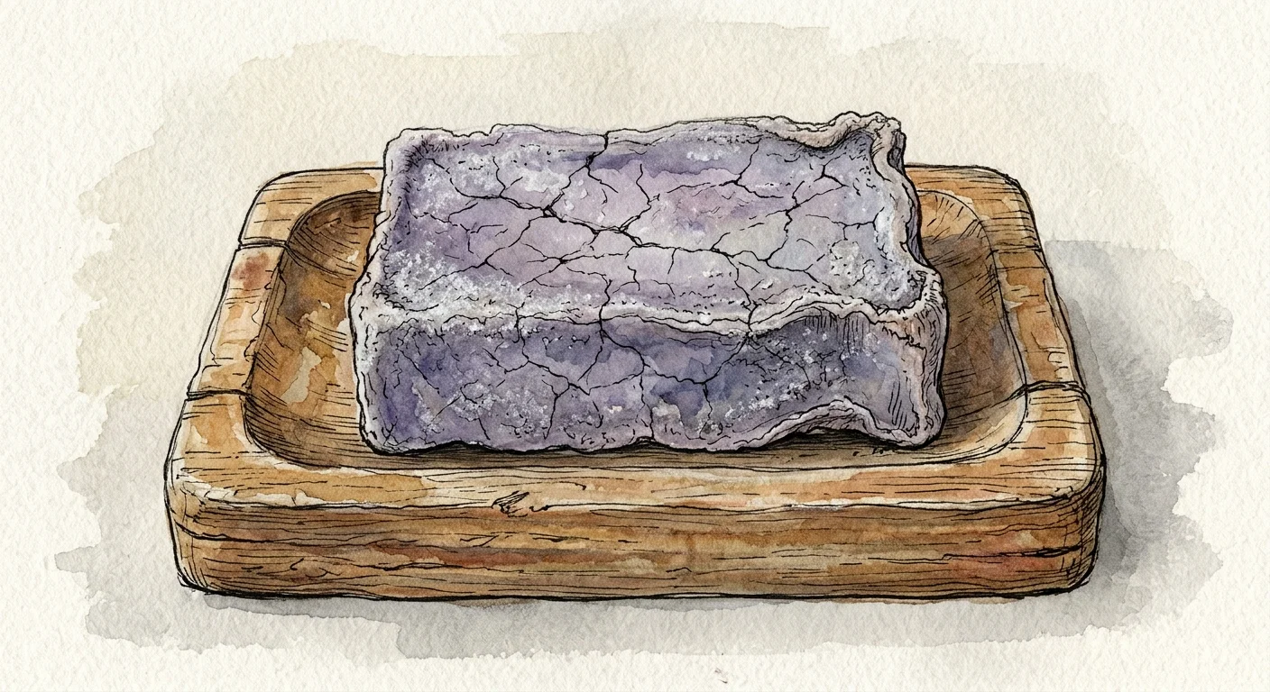 An illustration of a dry, cracking bar of lavender soap sitting in a wooden dish, showing signs of age and moisture loss.