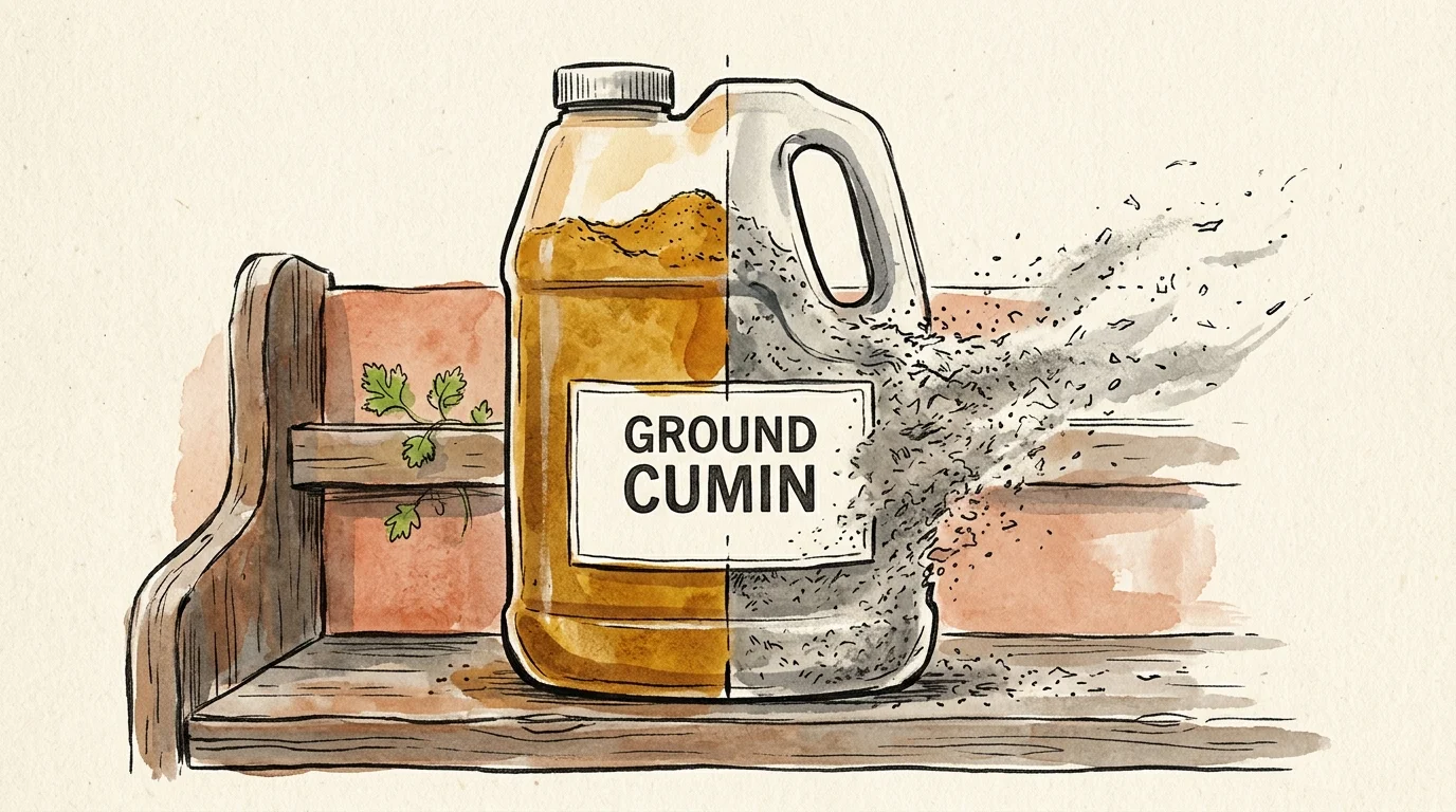 An illustration of a giant jar of cumin turning into gray sawdust on one side, symbolizing the loss of flavor over time.