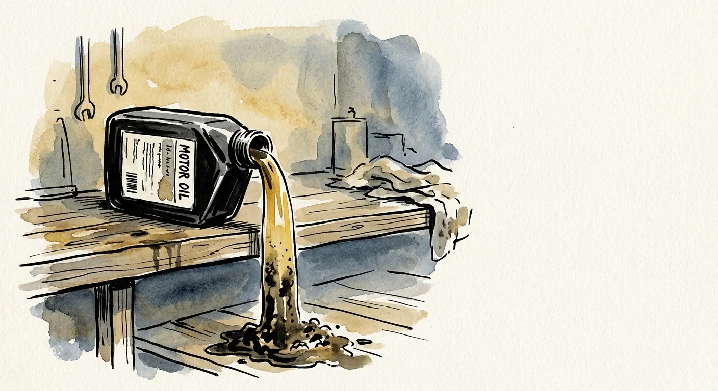 An illustration of a motor oil bottle on a garage shelf, pouring out oil that is separating into water and thick sludge.