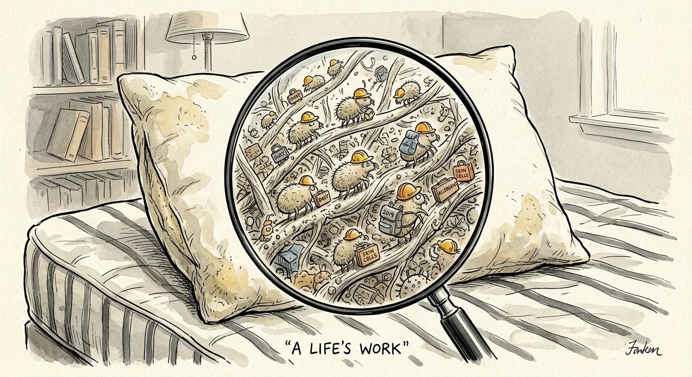 An illustration of a pillow with a magnifying glass overlay showing microscopic dust mites inside the fibers.