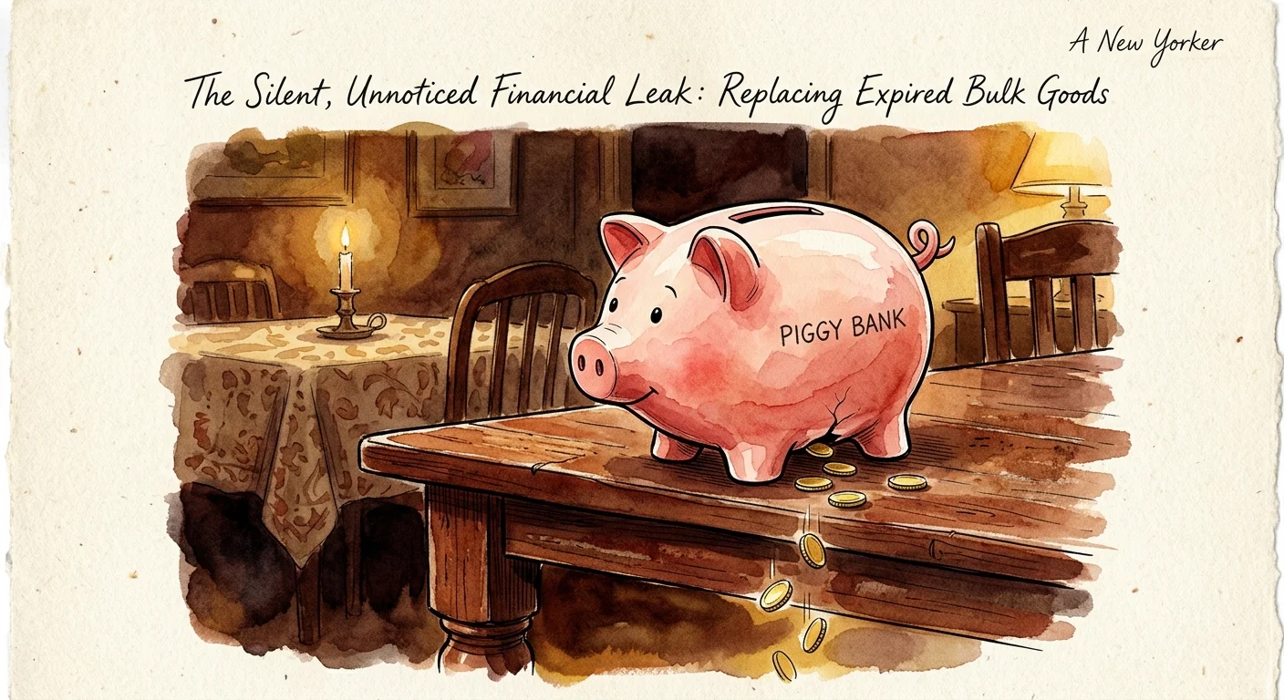 An illustration of a pink piggy bank on a wooden table with a hidden crack leaking gold coins, symbolizing silent waste.