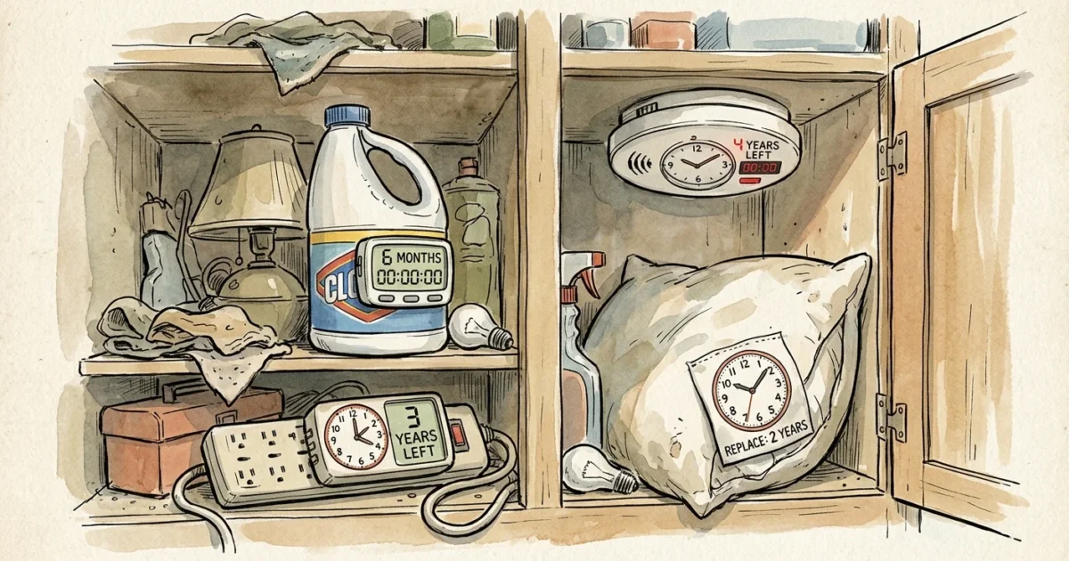 An illustration of household items like bleach and pillows with ticking digital countdown clocks attached to them in a cabinet.