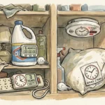 An illustration of household items like bleach and pillows with ticking digital countdown clocks attached to them in a cabinet.
