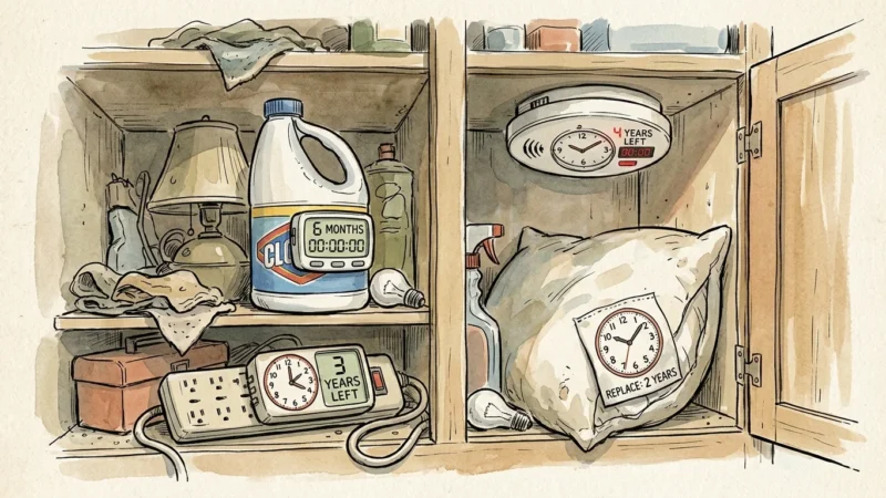 An illustration of household items like bleach and pillows with ticking digital countdown clocks attached to them in a cabinet.