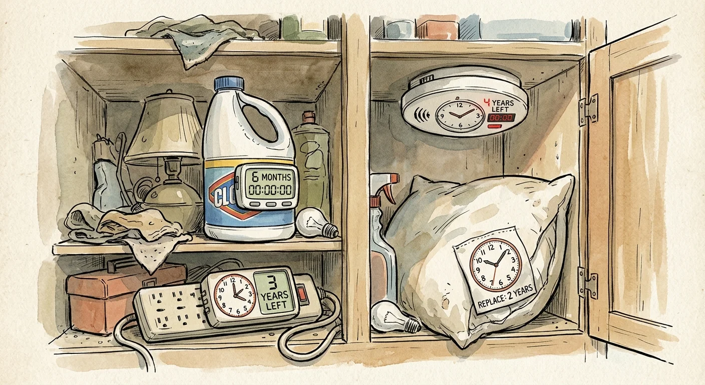 An illustration of household items like bleach and pillows with ticking digital countdown clocks attached to them in a cabinet.