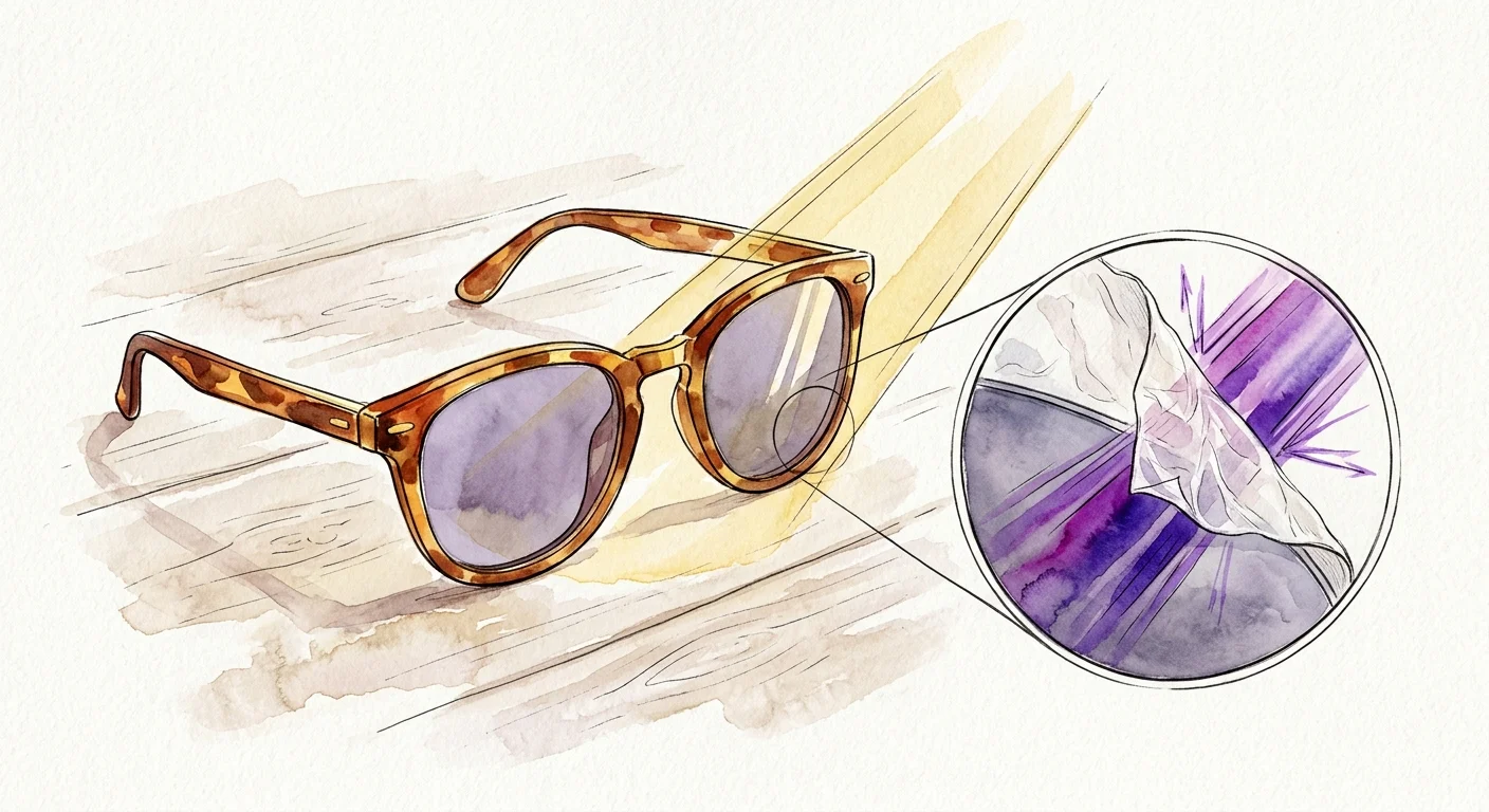 An illustration of sunglasses with a callout showing the UV-protective lens coating peeling away over time.