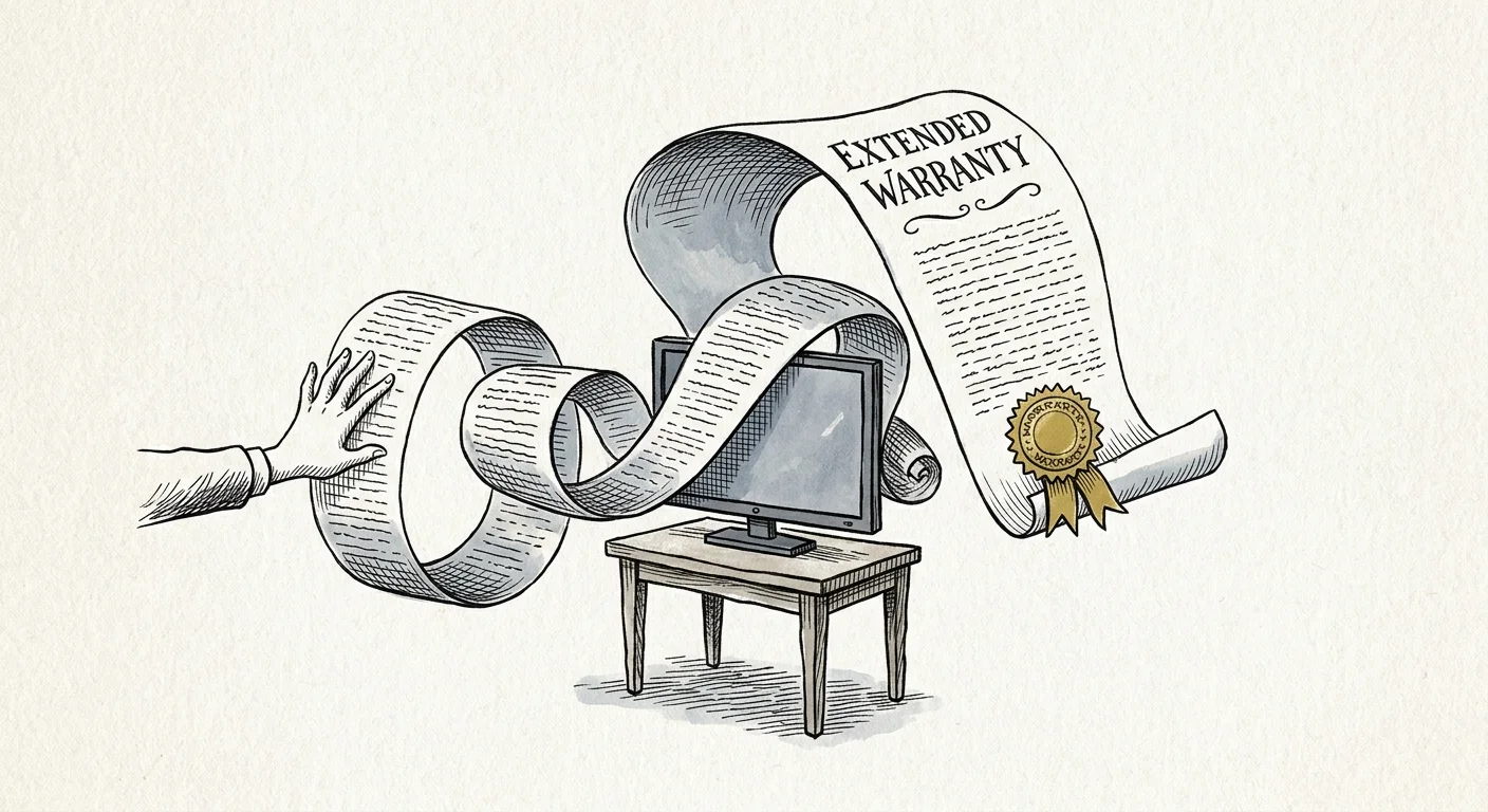 An ink-and-wash cartoon of a giant, coiling paper scroll labeled 'Extended Warranty' surrounding a tiny television set.