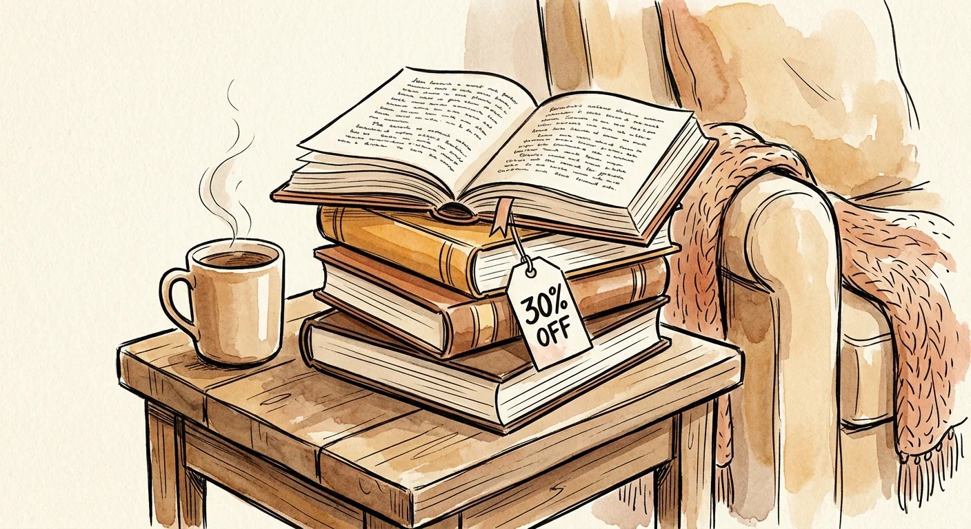 An ink-and-wash drawing of a stack of books with a 30% off tag on a cozy wooden table next to a steaming mug.