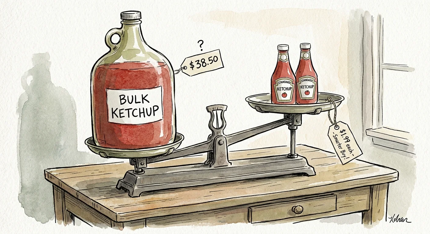 An ink and watercolor drawing of a balance scale comparing a giant gallon jug of ketchup to two smaller bottles.
