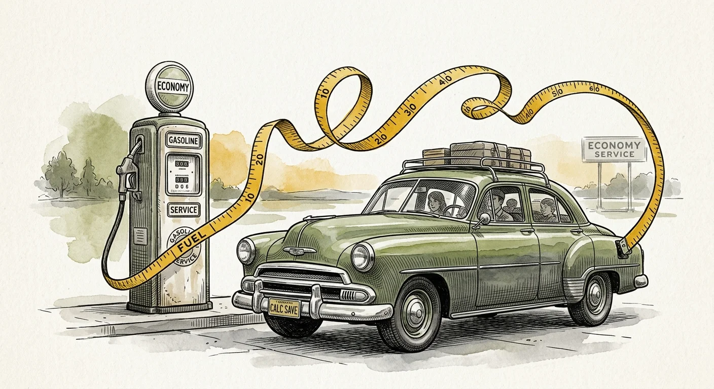 An ink and watercolor illustration of a car filling up with a gas pump hose that looks like a measuring tape.