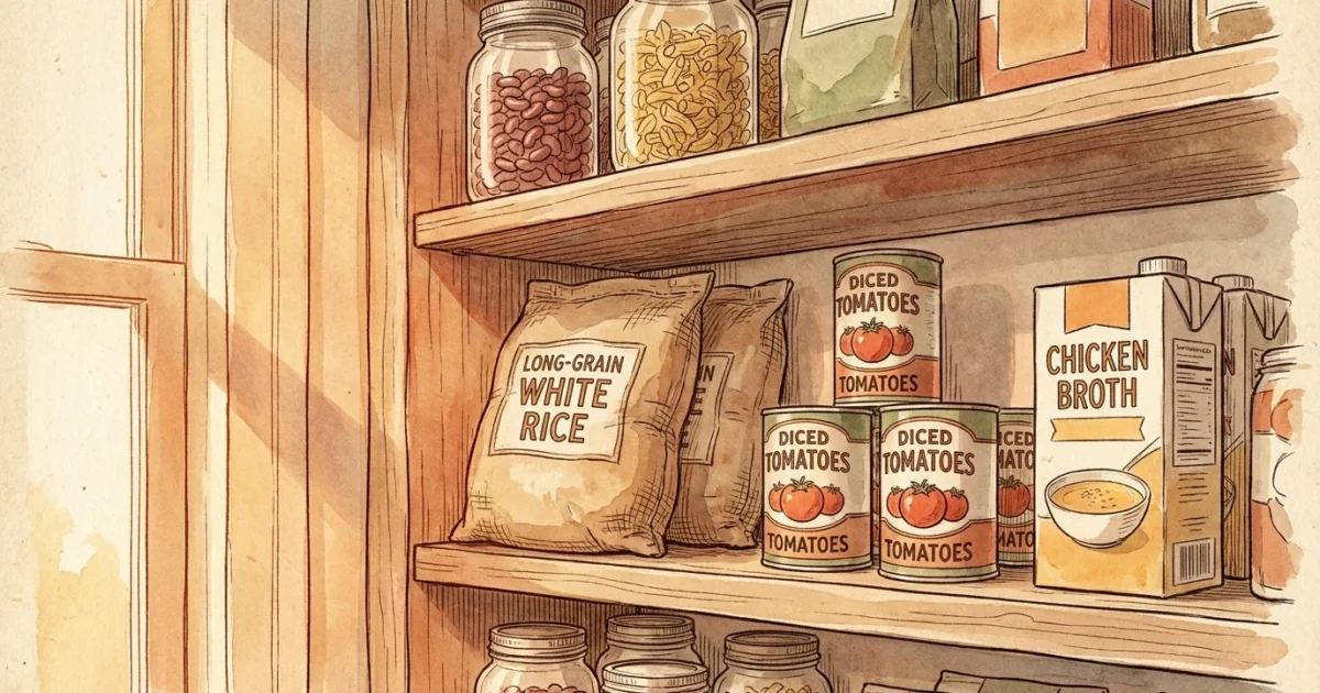 An ink and watercolor illustration of a cozy, well-stocked pantry with wooden shelves holding canned goods, rice, and dry pasta.