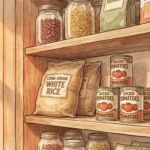 An ink and watercolor illustration of a cozy, well-stocked pantry with wooden shelves holding canned goods, rice, and dry pasta.
