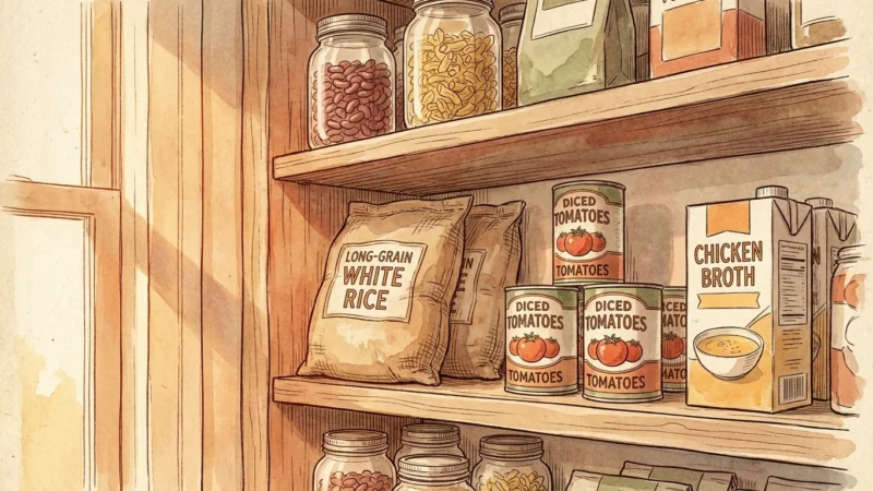 An ink and watercolor illustration of a cozy, well-stocked pantry with wooden shelves holding canned goods, rice, and dry pasta.
