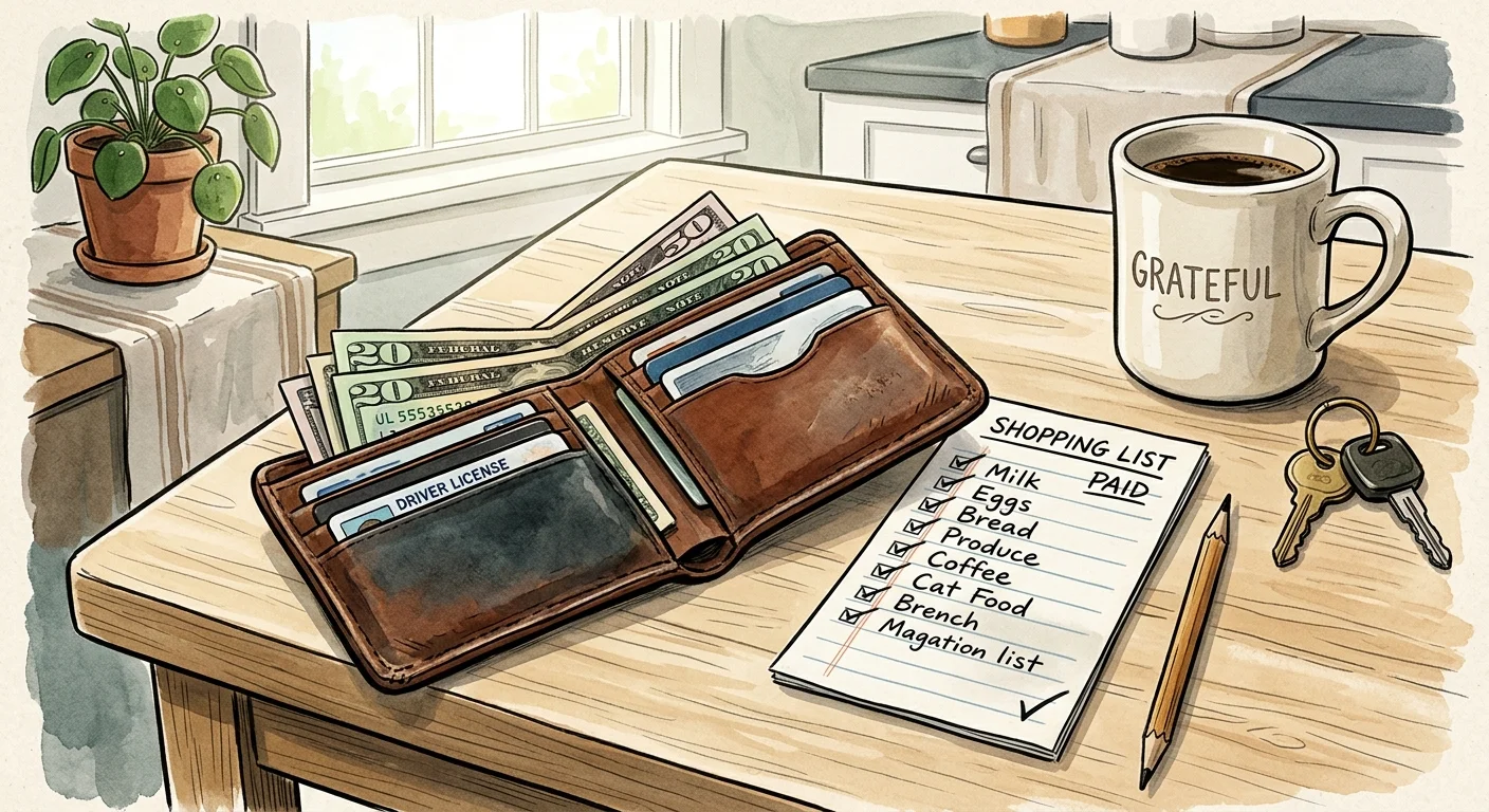 An ink and watercolor illustration of an open leather wallet with cash next to a checked-off shopping list on a wooden table.