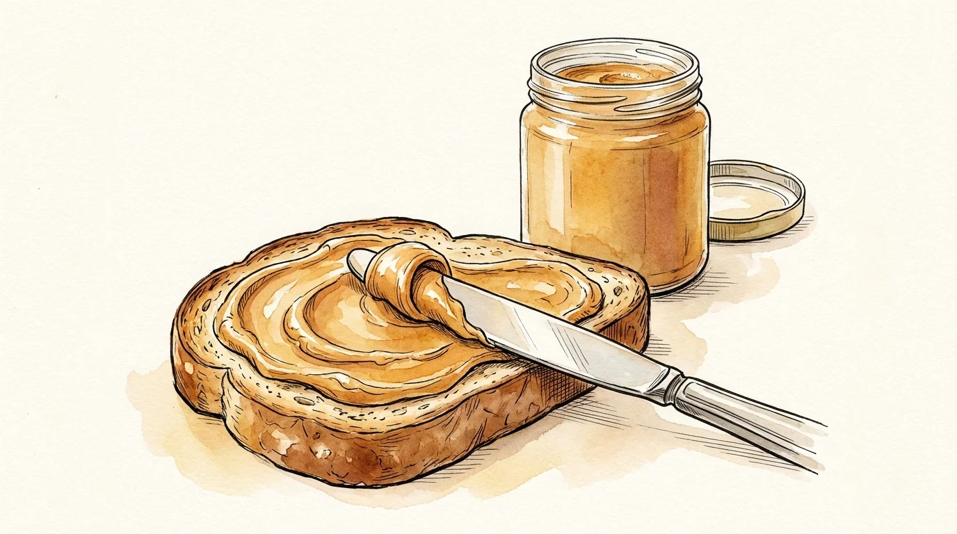 An ink and watercolor illustration of creamy peanut butter being spread onto a slice of golden-brown toast.