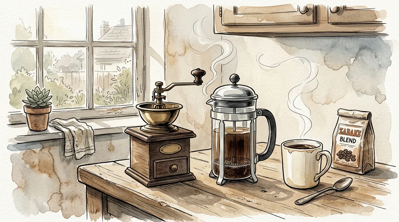 An ink and watercolor sketch of a manual coffee grinder and a French press on a wooden kitchen counter in morning light.