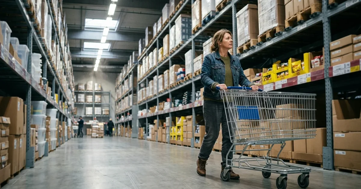 An off-center shot of a shopper pushing an empty metal cart down a massive warehouse store aisle with towering shelves of bulk items.
