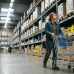 An off-center shot of a shopper pushing an empty metal cart down a massive warehouse store aisle with towering shelves of bulk items.