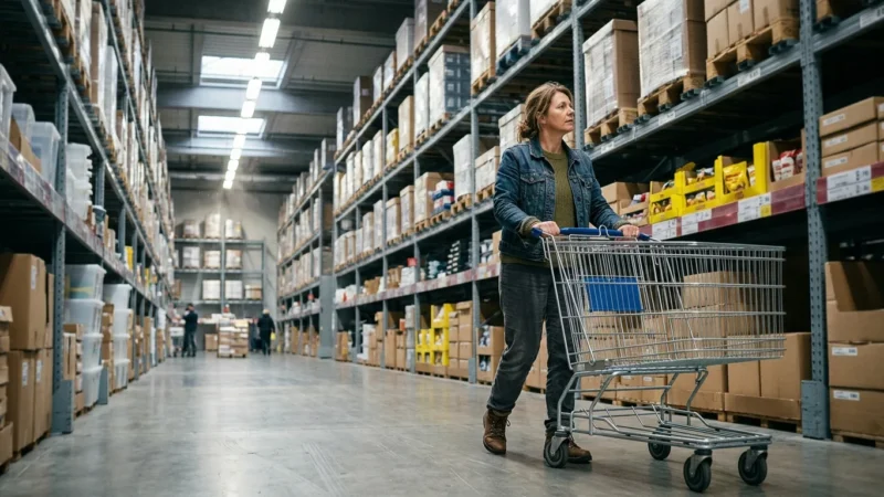 An off-center shot of a shopper pushing an empty metal cart down a massive warehouse store aisle with towering shelves of bulk items.