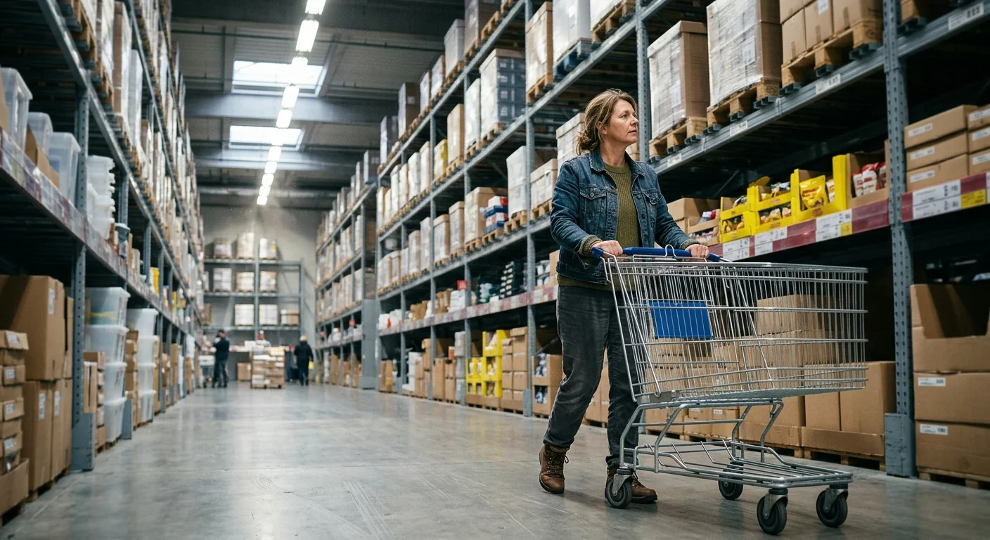An off-center shot of a shopper pushing an empty metal cart down a massive warehouse store aisle with towering shelves of bulk items.