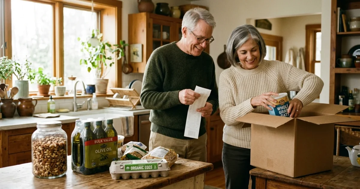 An older couple happily unpacking bulk groceries in their sunlit kitchen, representing strategic warehouse shopping.