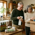 An older couple happily unpacking bulk groceries in their sunlit kitchen, representing strategic warehouse shopping.