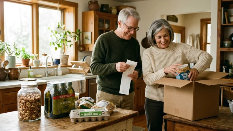 An older couple happily unpacking bulk groceries in their sunlit kitchen, representing strategic warehouse shopping.