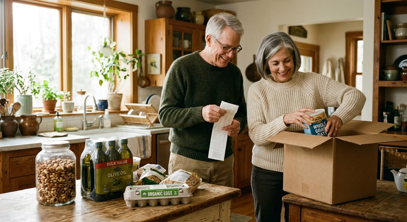 An older couple happily unpacking bulk groceries in their sunlit kitchen, representing strategic warehouse shopping.